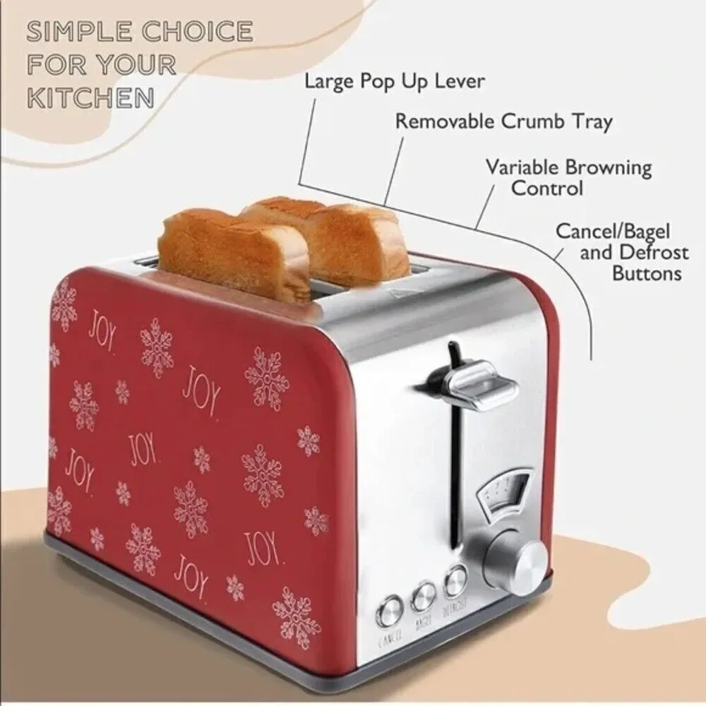 NWT New in Box Rae Dunn Joy Red Silver White 2 Slice Snowflake Toaster Christmas